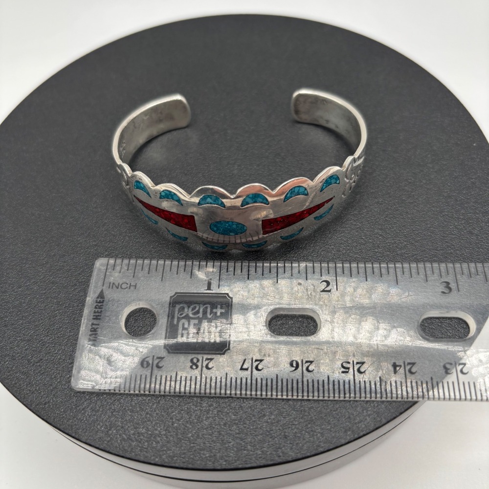 Vintage 1970's Sterling 925 Cuff Bracelet Silver Turquoise Coral Inlay Native - Picture 6 of 7